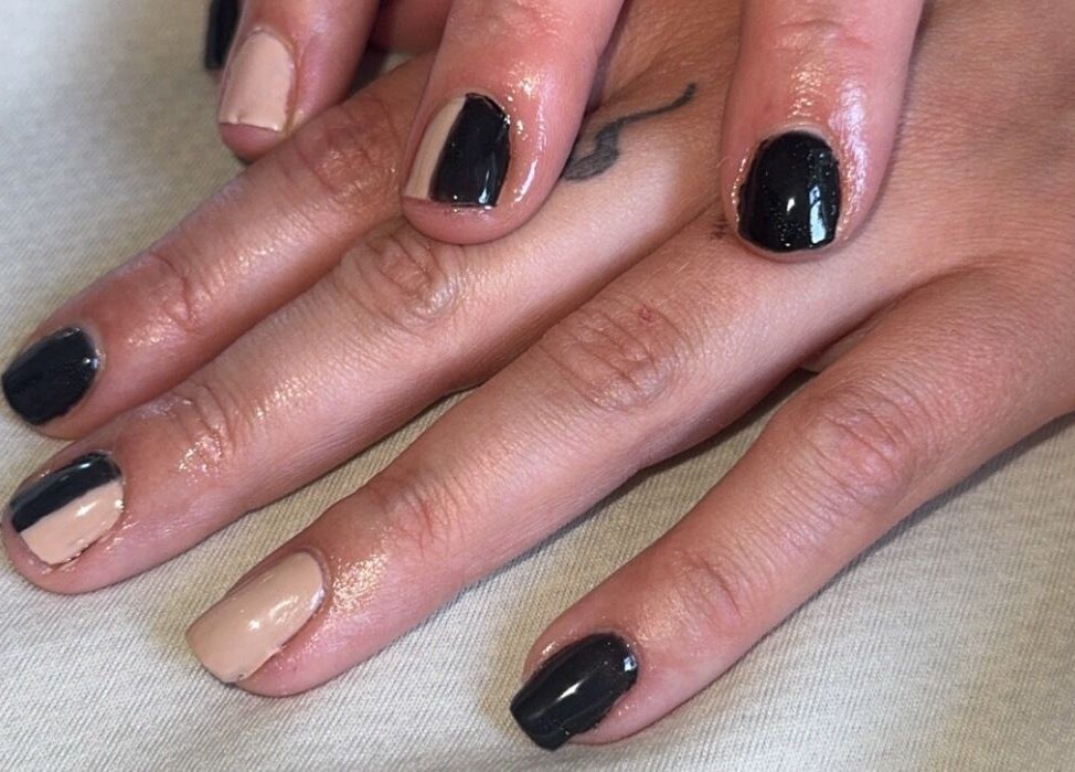 Elegant black and nude manicure at Beauté Bar, Dumfries, Scotland, GB.