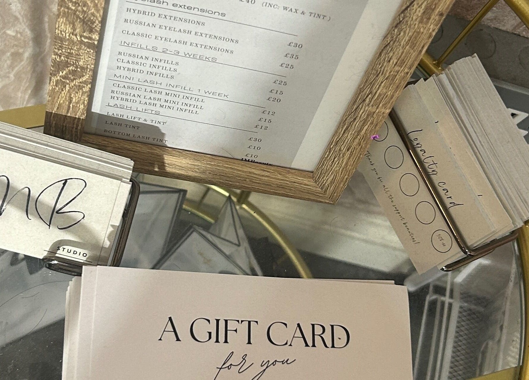 Gift cards and service menu at JMBeauty in Brayton, England, GB, showcasing beauty services and offers.