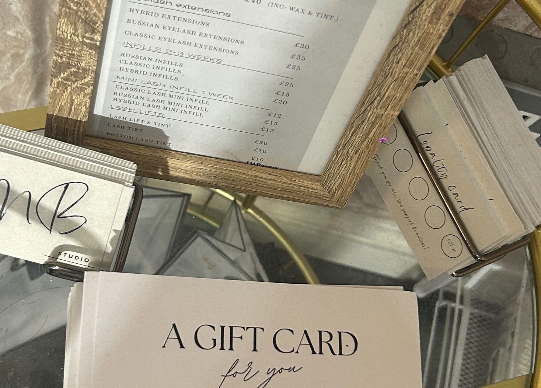 Gift cards and service menu at JMBeauty in Brayton, England, GB, showcasing beauty services and offers.