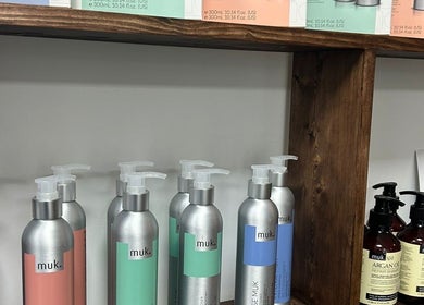 Stylish product display at L.E.V Hair & Beauty, Leicester, England, GB, featuring premium hair care items.