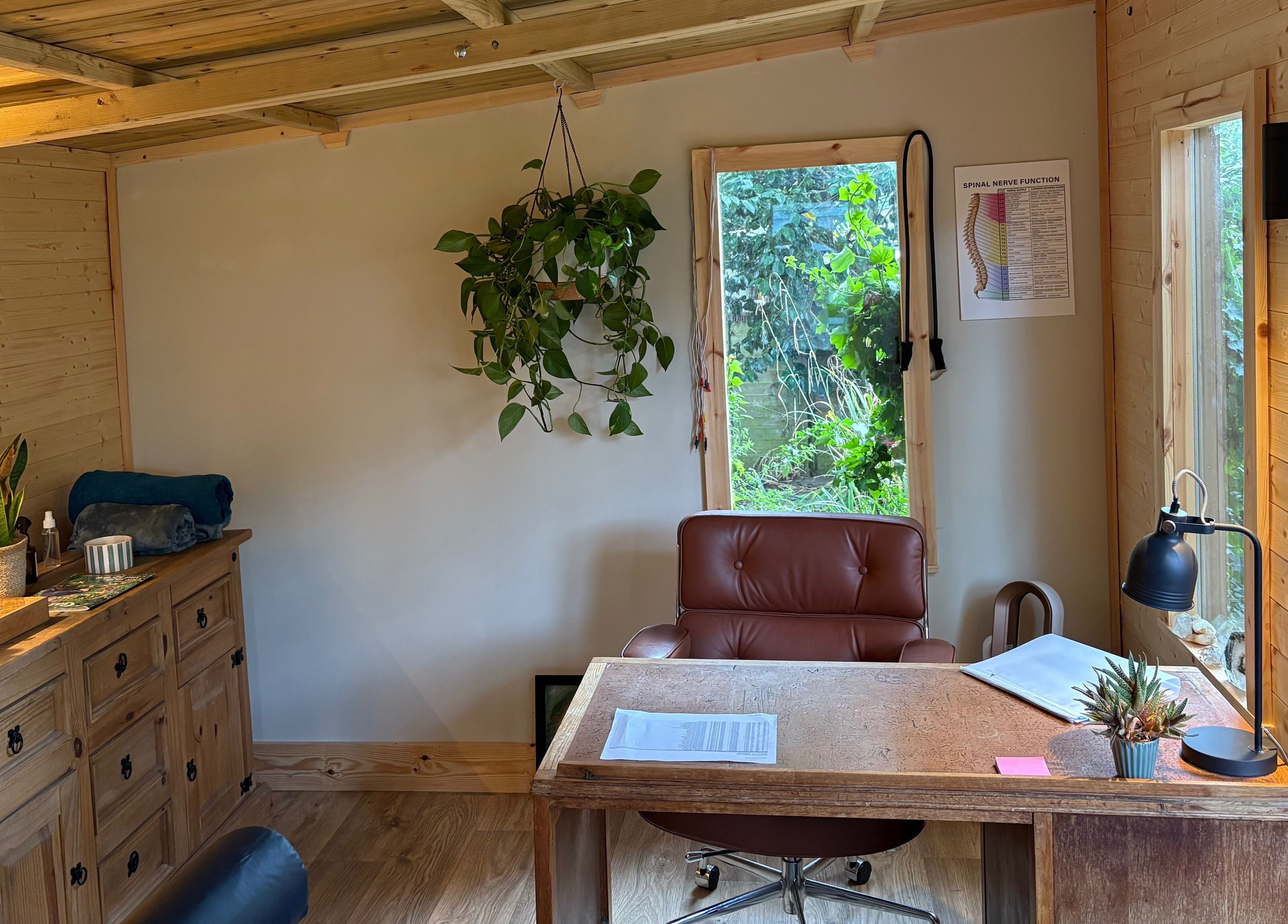 Inviting office space at Frequency Health, Saint Leonard’s on Sea, England, GB, with natural wood decor and greenery.
