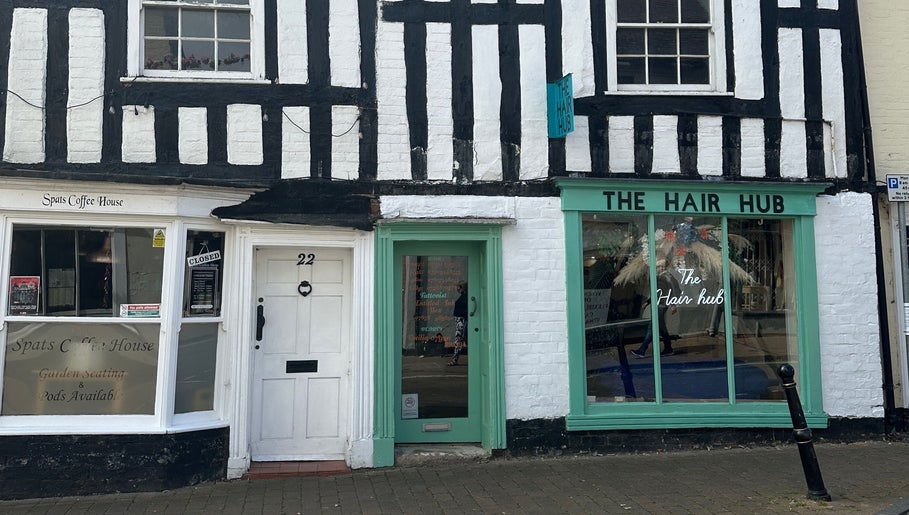 Hair By Ellie Marie at The Hair Hub, Droitwich Spa, England; inviting salon entrance with rustic charm.