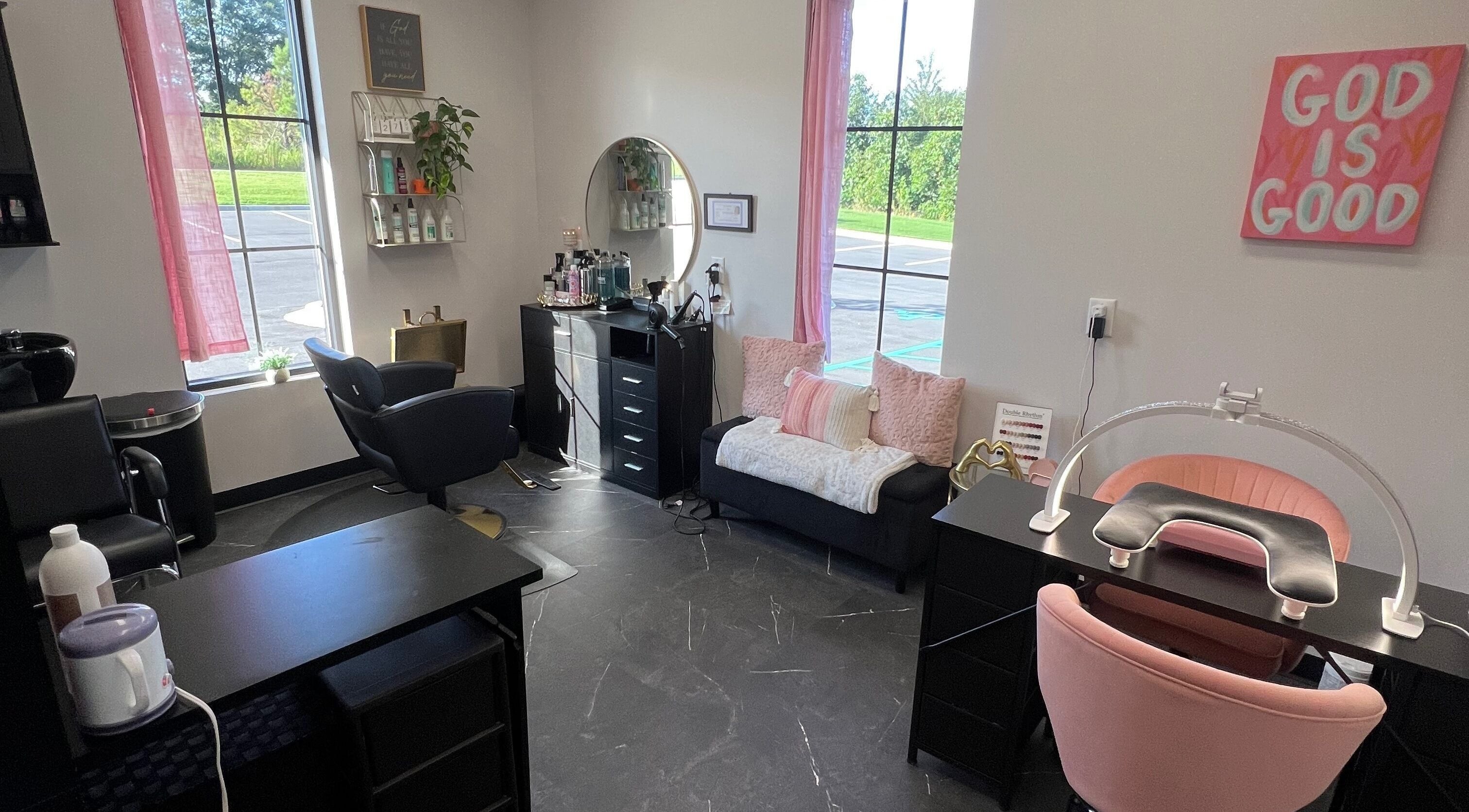 Cozy interior of Beauty By Corbyn in Boiling Springs, South Carolina, US with modern salon chairs.