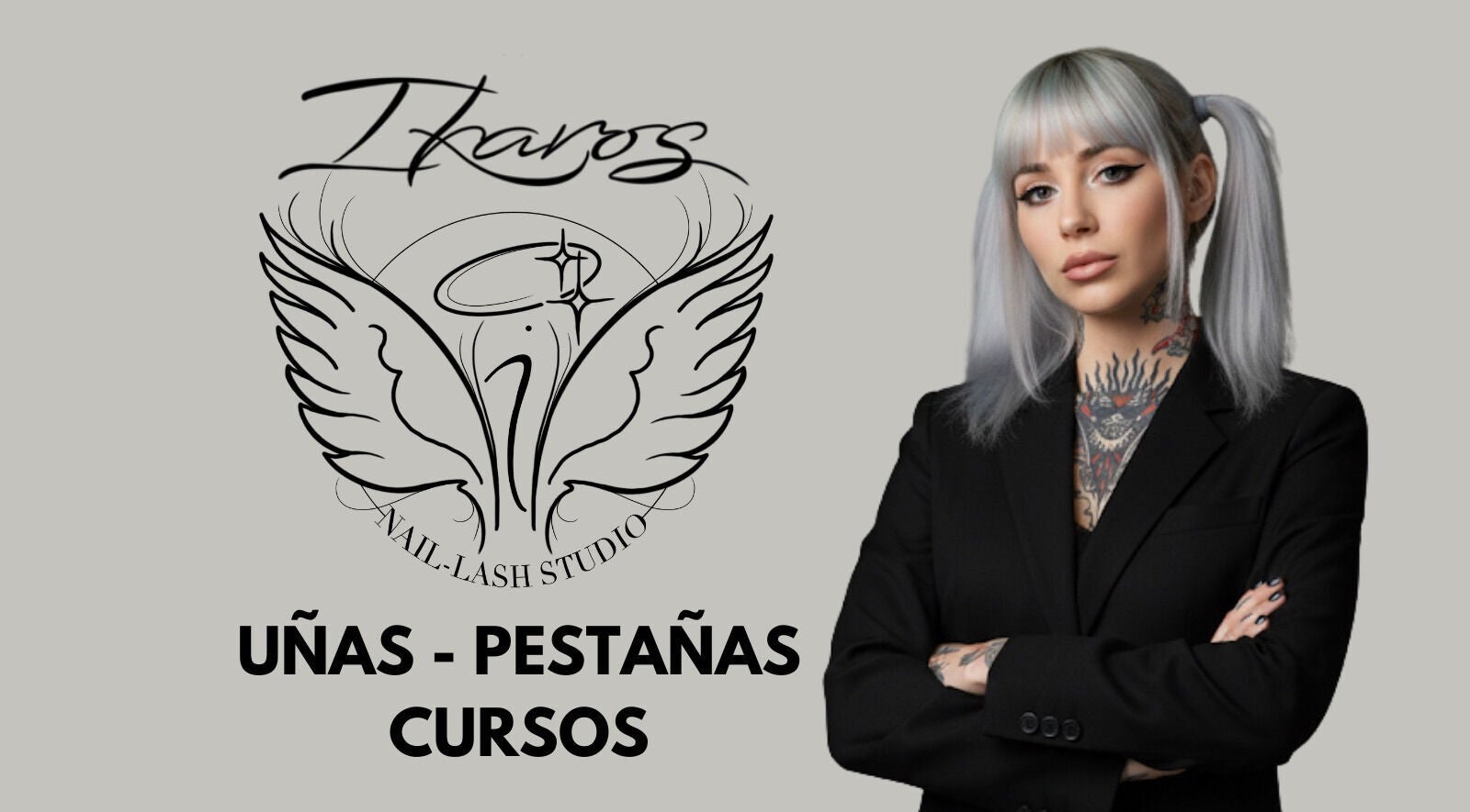 Mujer con cabello gris y tatuajes junto al logo de Ikaros Nailash en Gijón, ES.