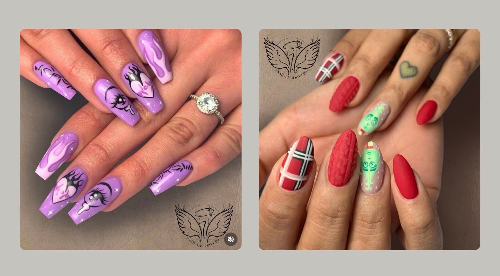 Diseños de uñas artísticas en Ikaros Nailash, Gijón, ES, con tonos púrpura y rojo llamativos.