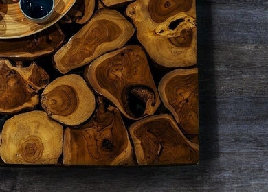 Beautiful wooden log table at Innerverse Wellness Centre - Southbank, Melbourne, AU.