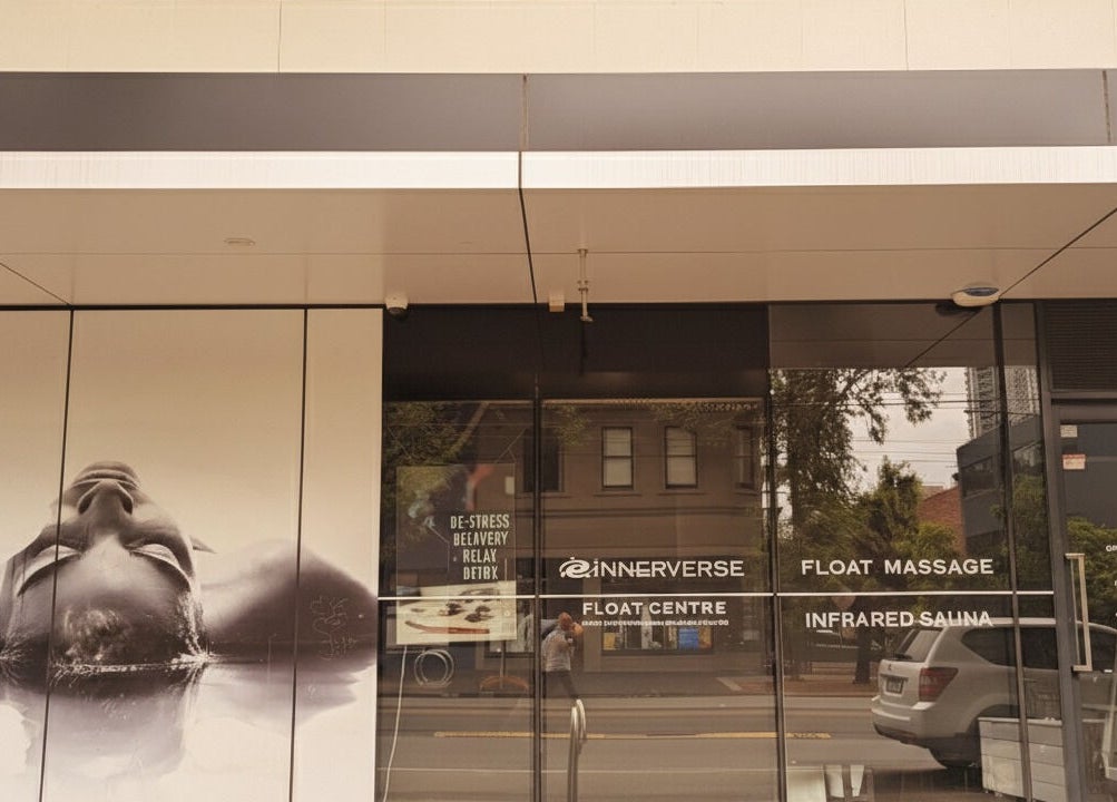 Front entrance of Innerverse Float & Wellness Southbank, Melbourne, AU showcasing serene relaxation imagery.