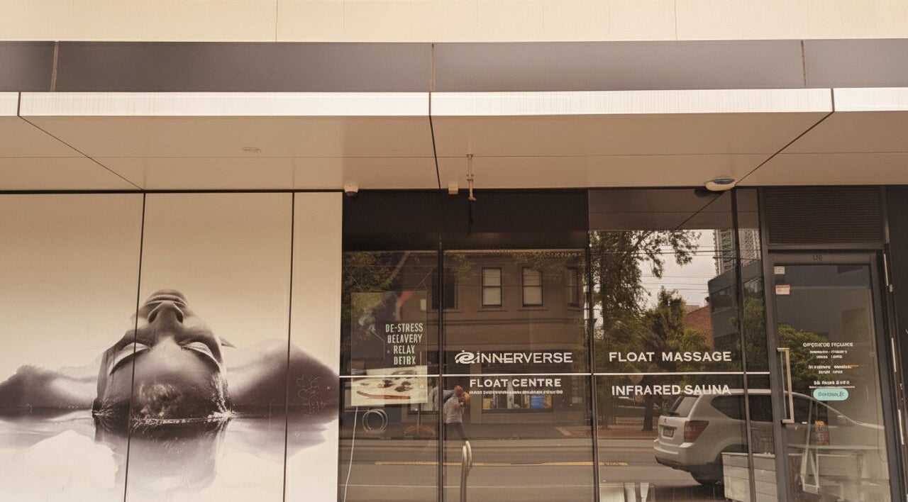 Front entrance of Innerverse Float & Wellness Southbank, Melbourne, AU showcasing serene relaxation imagery.