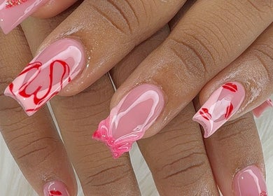 Intricate pink and red nail art at Candy’s Tips & Toes Salon & Spa, Ocho Rios, St. Ann Parish, JM.