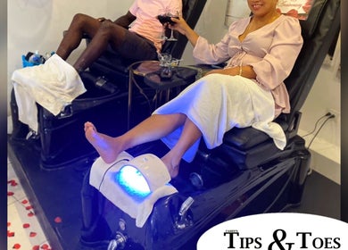 Client enjoys pedicure at Candy’s Tips & Toes Salon & Spa in Ocho Rios, St. Ann Parish, JM, with relaxing ambiance.