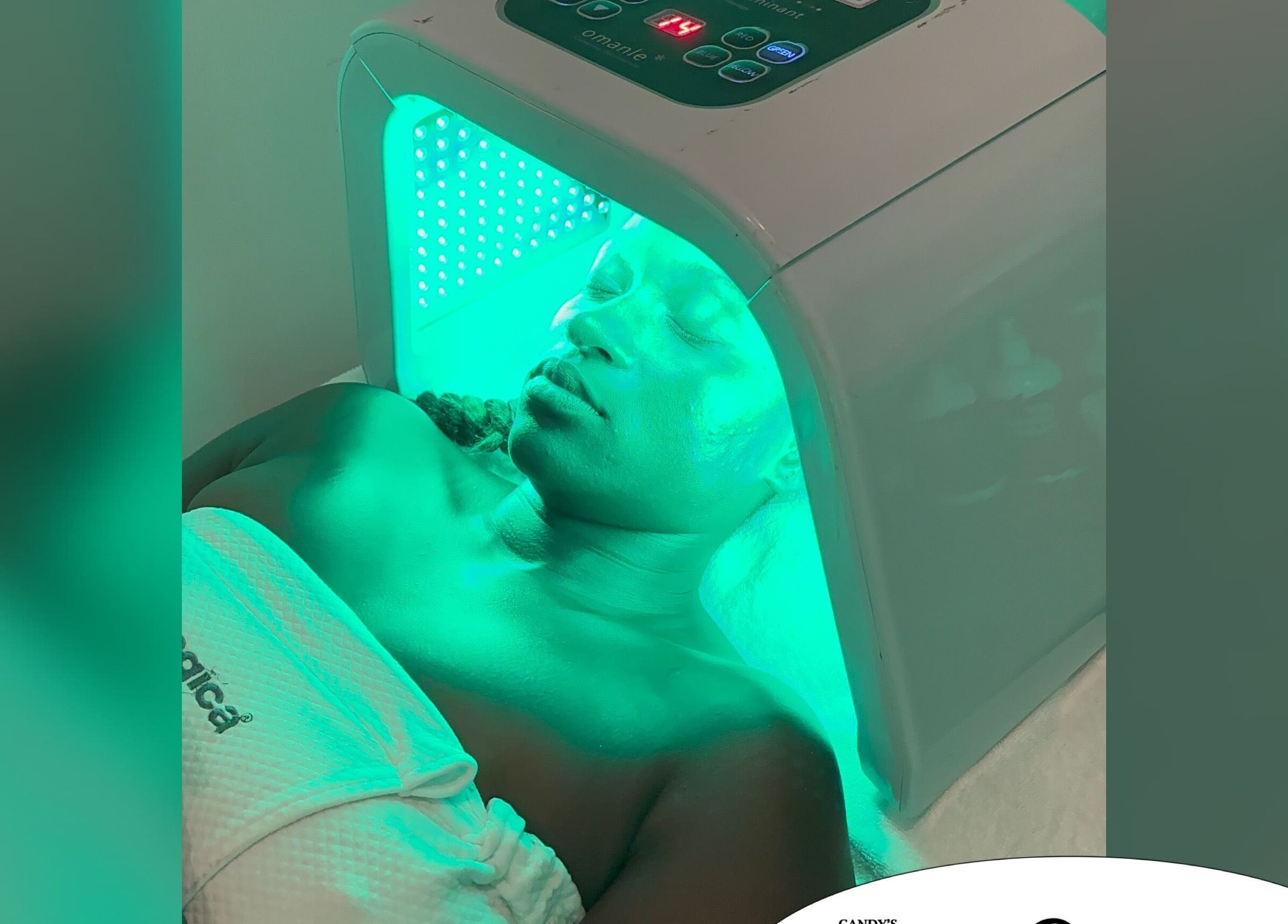 A woman enjoys LED light therapy at Candy’s Tips & Toes Salon & Spa, Ocho Rios, St. Ann Parish, JM.