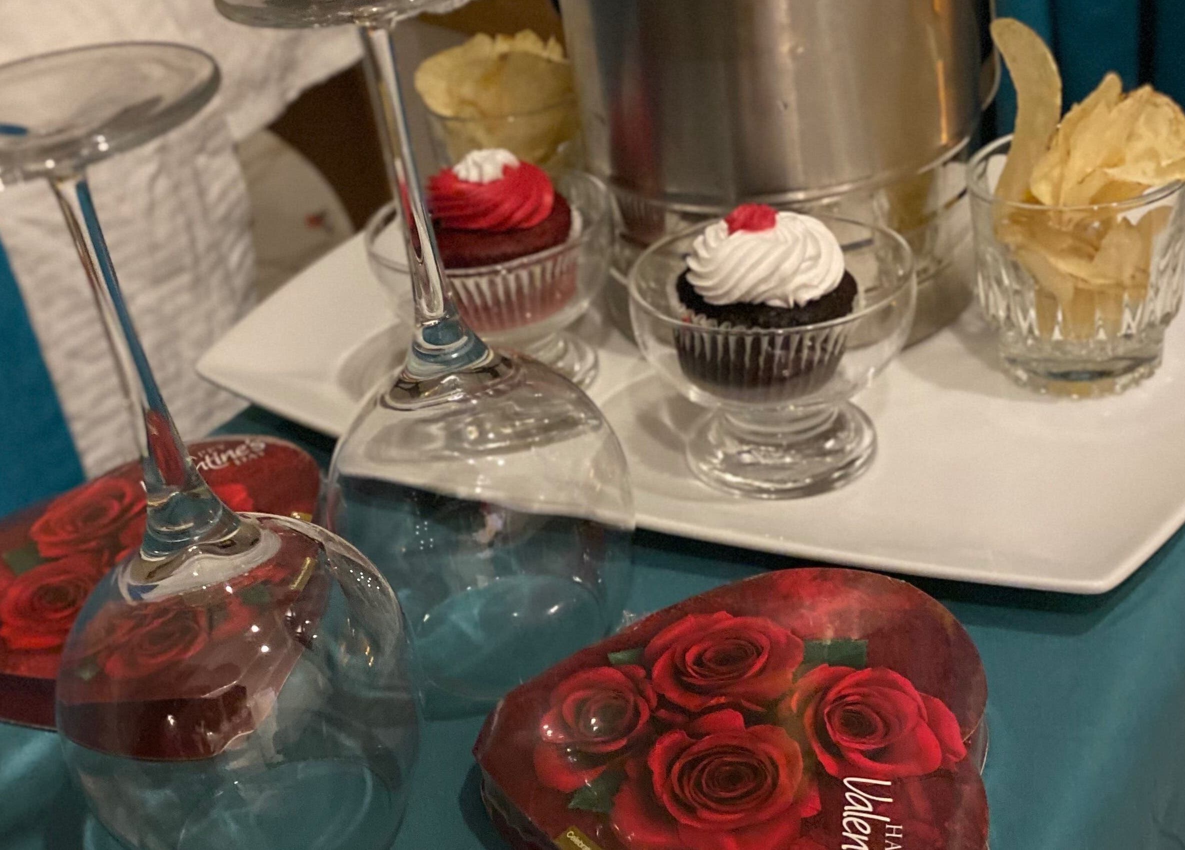 Beautiful treat setup at Candy’s Tips & Toes Salon & Spa, Ocho Rios, St. Ann Parish, JM, featuring cupcakes and wine glasses.