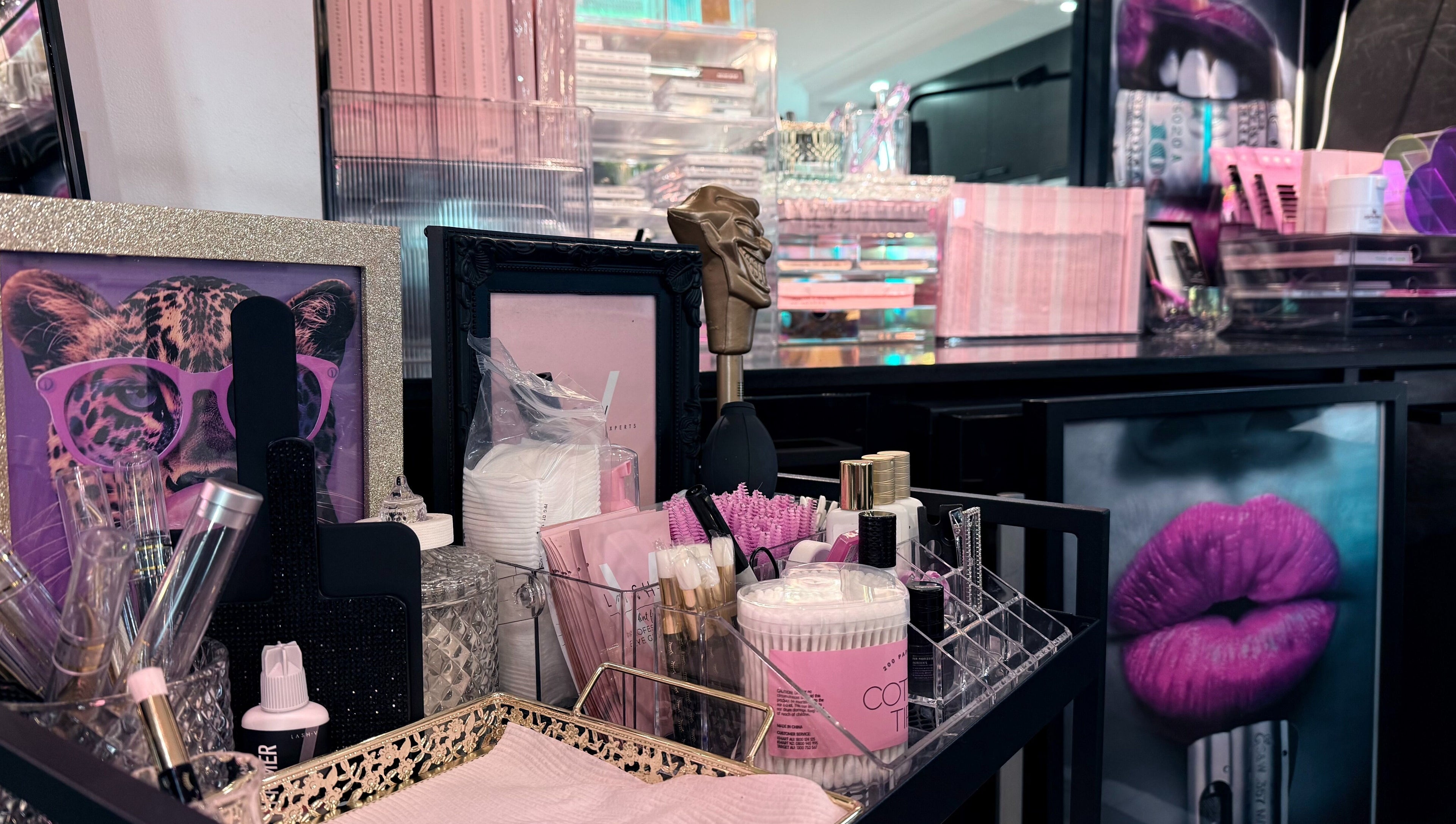 Stylish beauty products at LASHEDD, Trafalgar, Victoria, AU, showcasing vibrant glam decor.