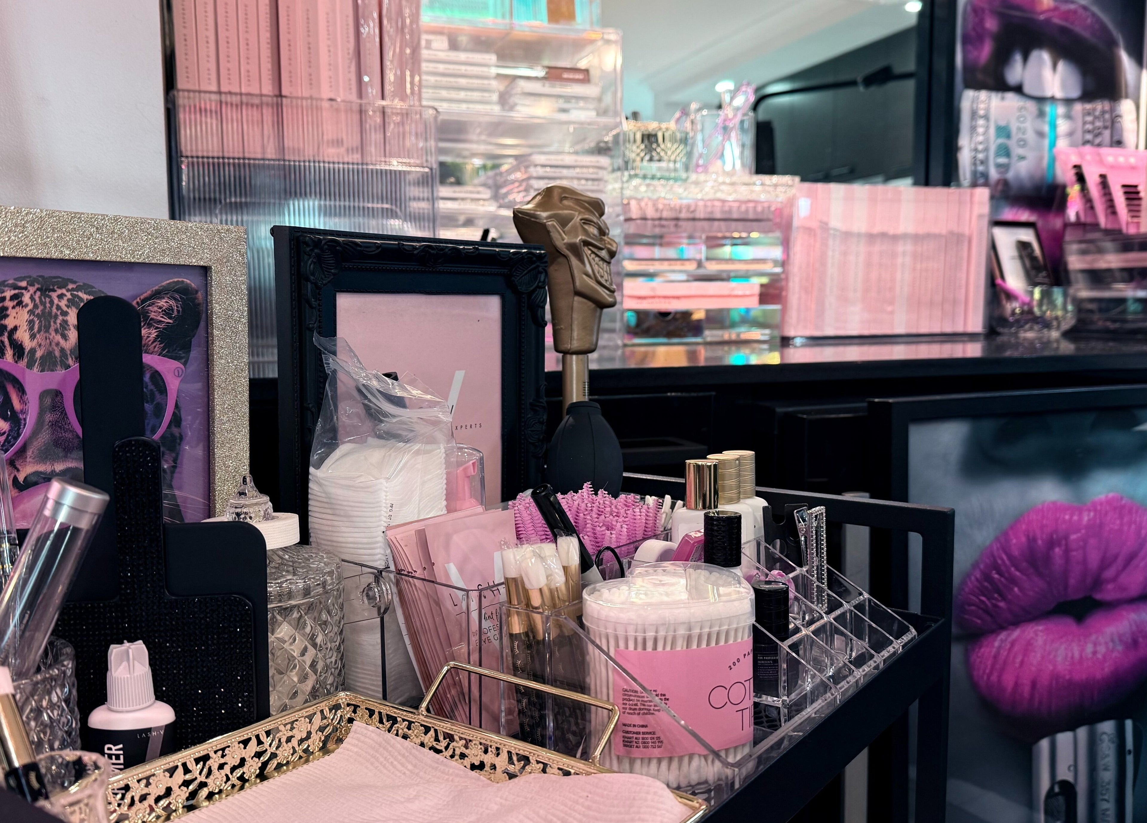 Stylish beauty products at LASHEDD, Trafalgar, Victoria, AU, showcasing vibrant glam decor.