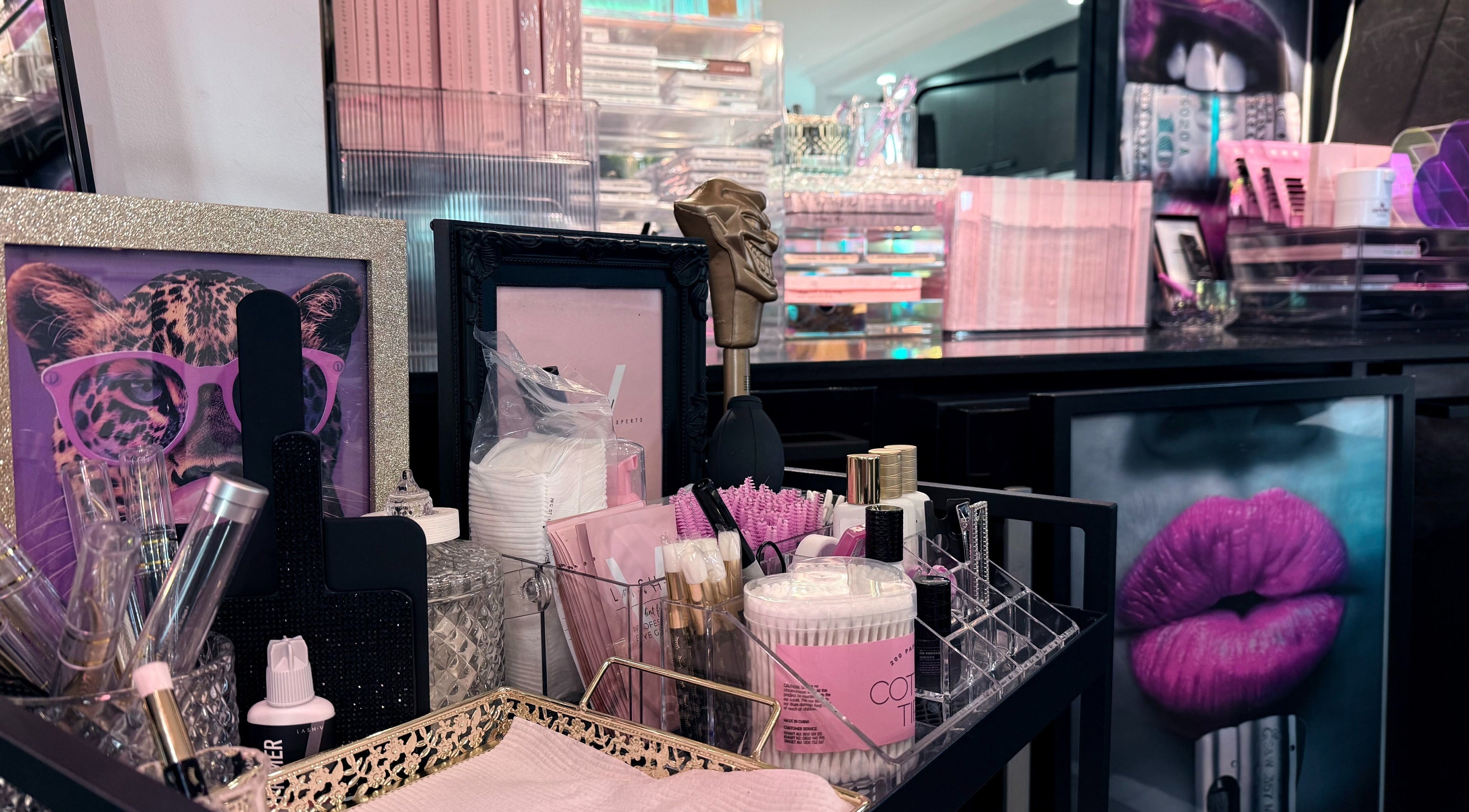 Stylish beauty products at LASHEDD, Trafalgar, Victoria, AU, showcasing vibrant glam decor.