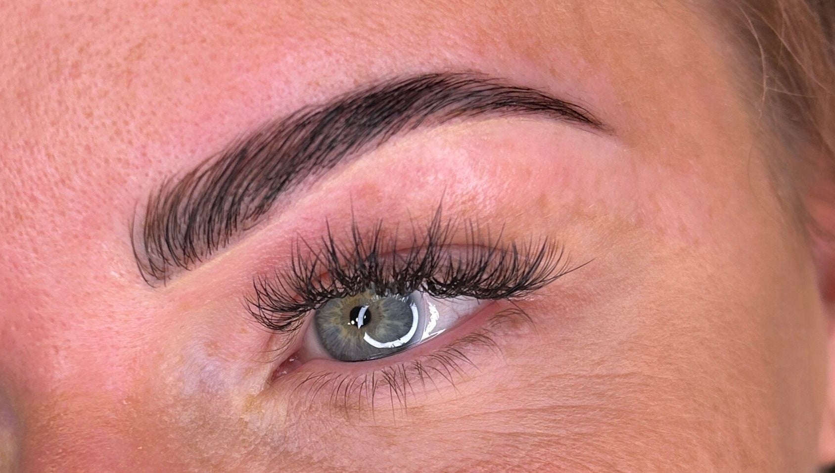Close-up of expertly shaped eyebrow and lashes at Tru.Beautea, Barton Seagrave, England, GB.