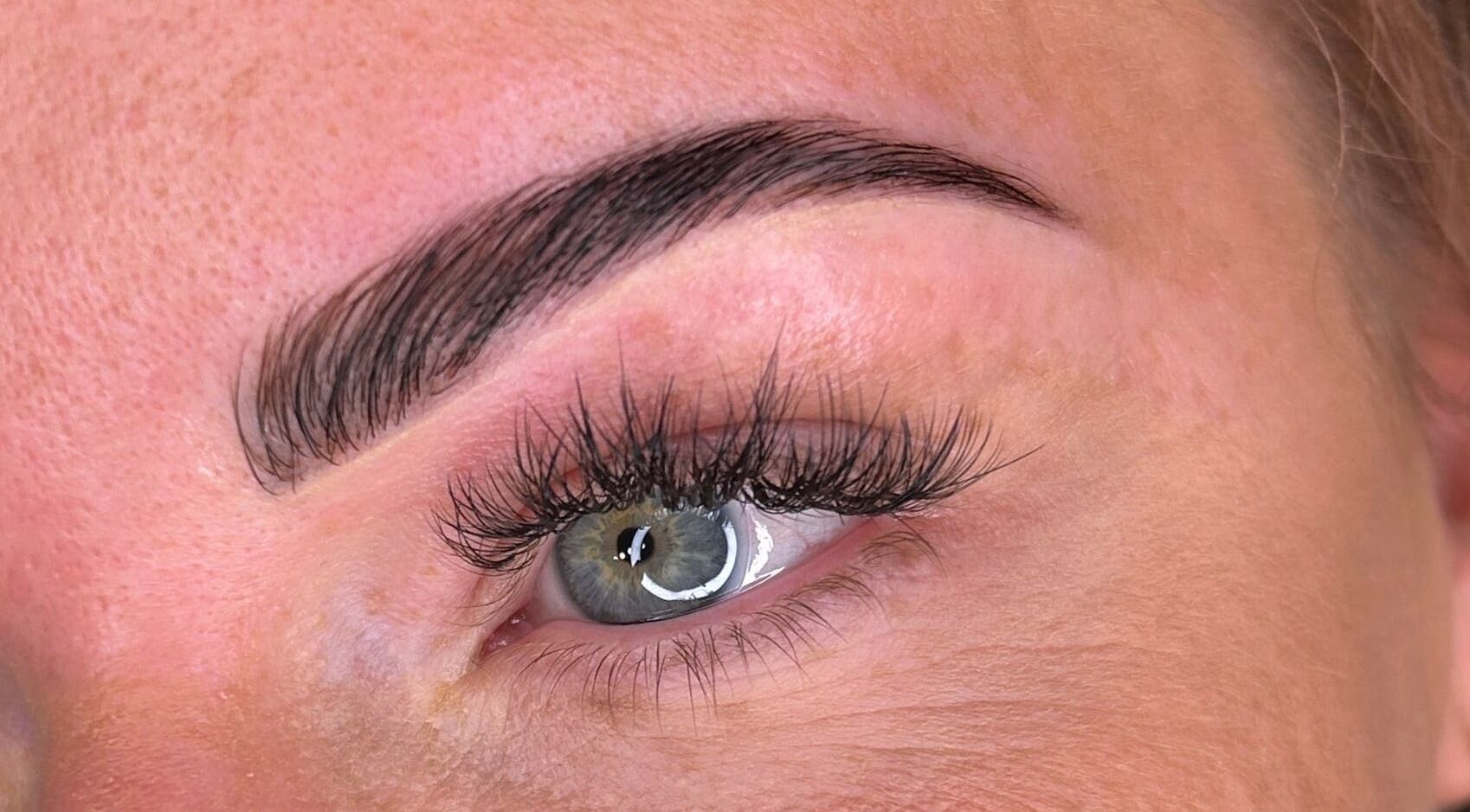 Close-up of expertly shaped eyebrow and lashes at Tru.Beautea, Barton Seagrave, England, GB.