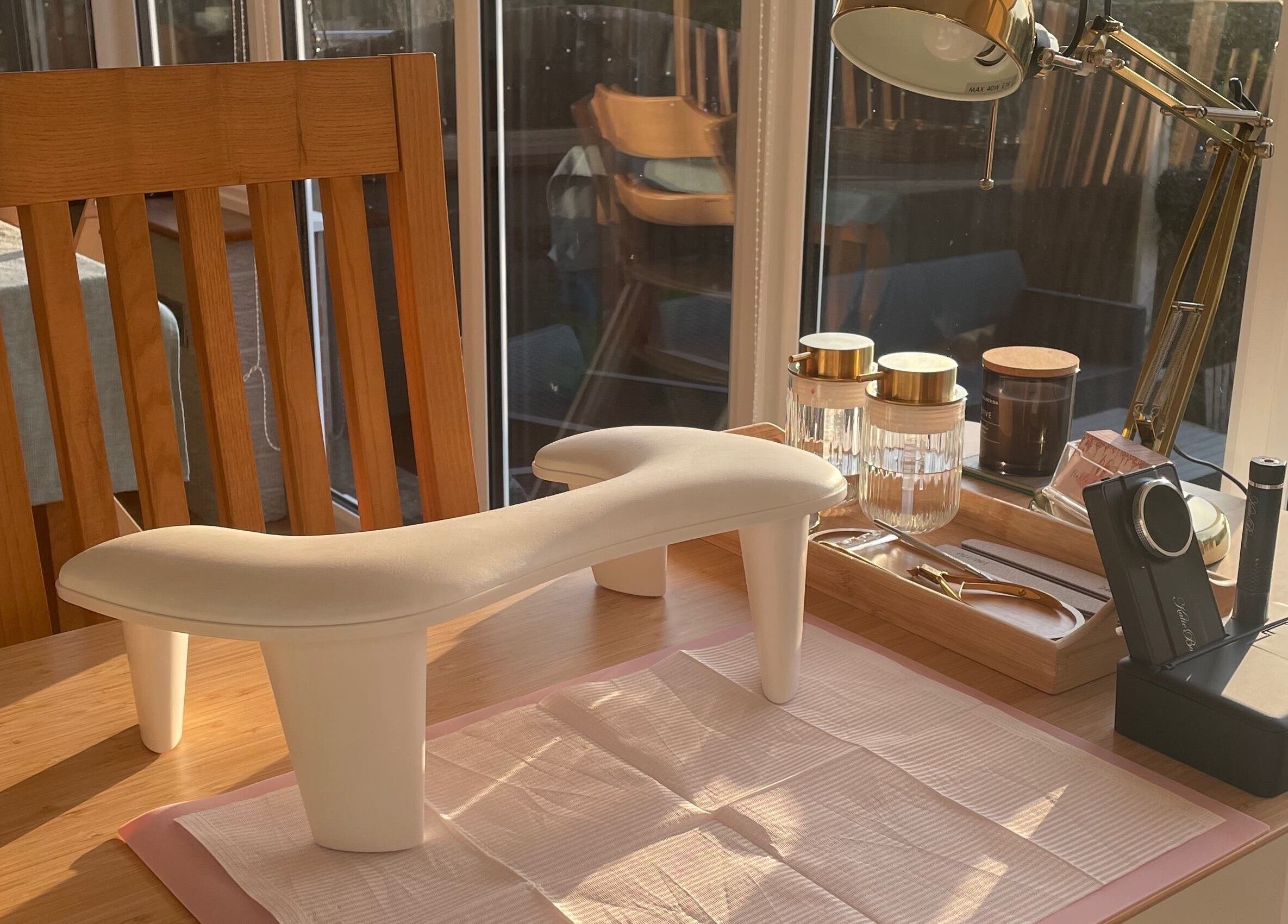 Nail care setup at Nails @ no.7, Bromsgrove, England, GB. Sunlit table with tools and decor.