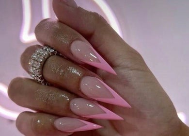 Glamorous pink stiletto nails at Kikki & Co Beauty Bar, Cape Town, Western Cape, ZA.