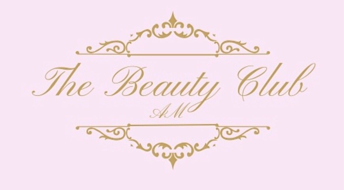 The Beauty Club AM logo on a pink background in Vaughan, Ontario, CA. Elegant script and decorative elements.