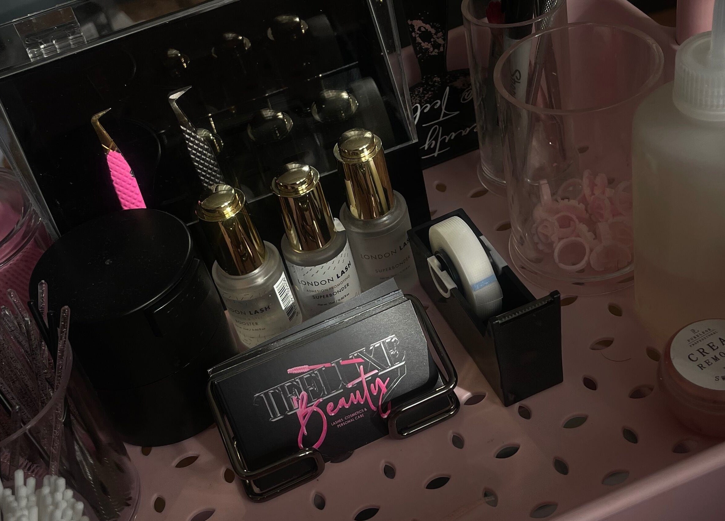 Beauty essentials setup at Teeluxe Beauty in Potters Bar, England, GB showcasing tools and products.