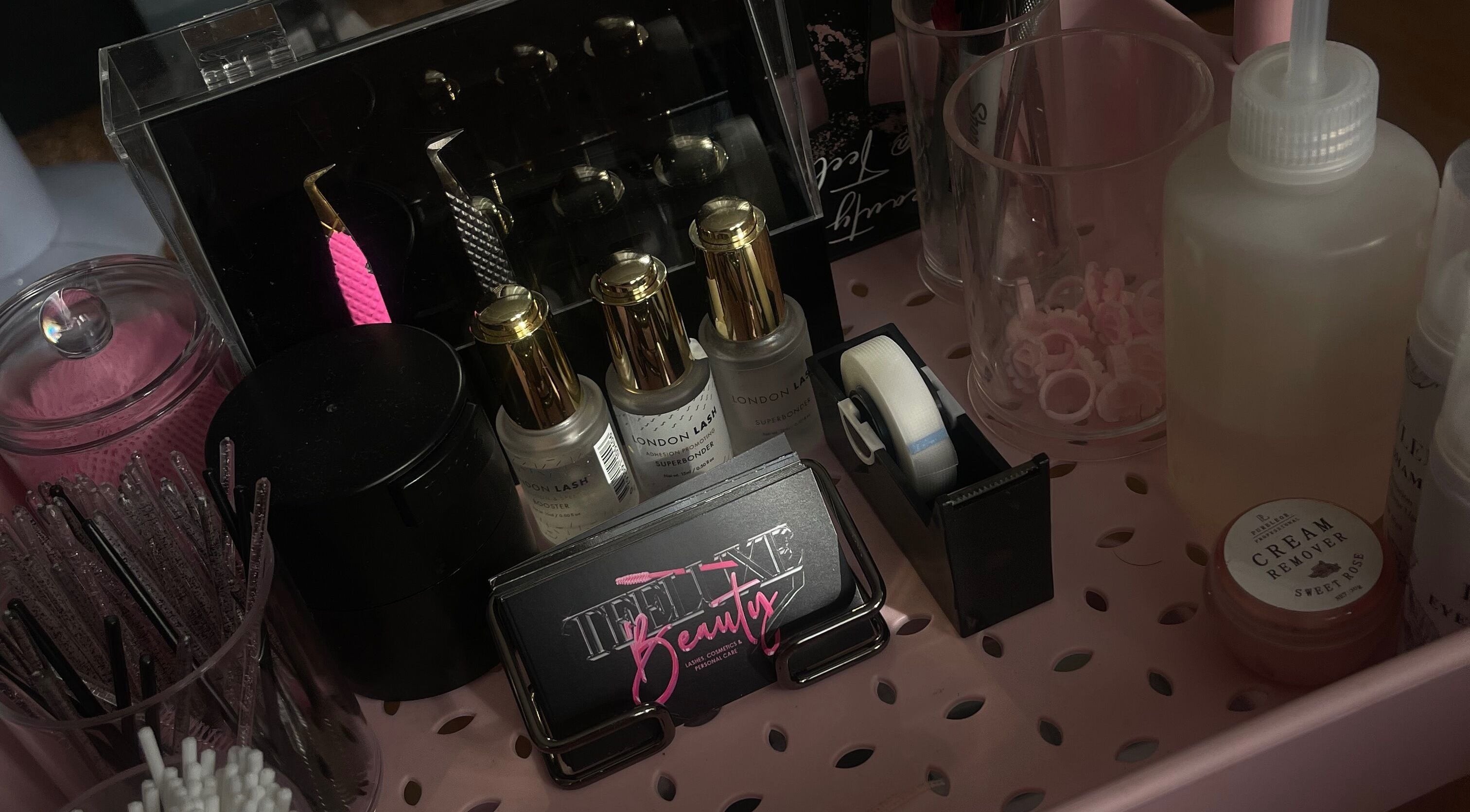 Beauty essentials setup at Teeluxe Beauty in Potters Bar, England, GB showcasing tools and products.