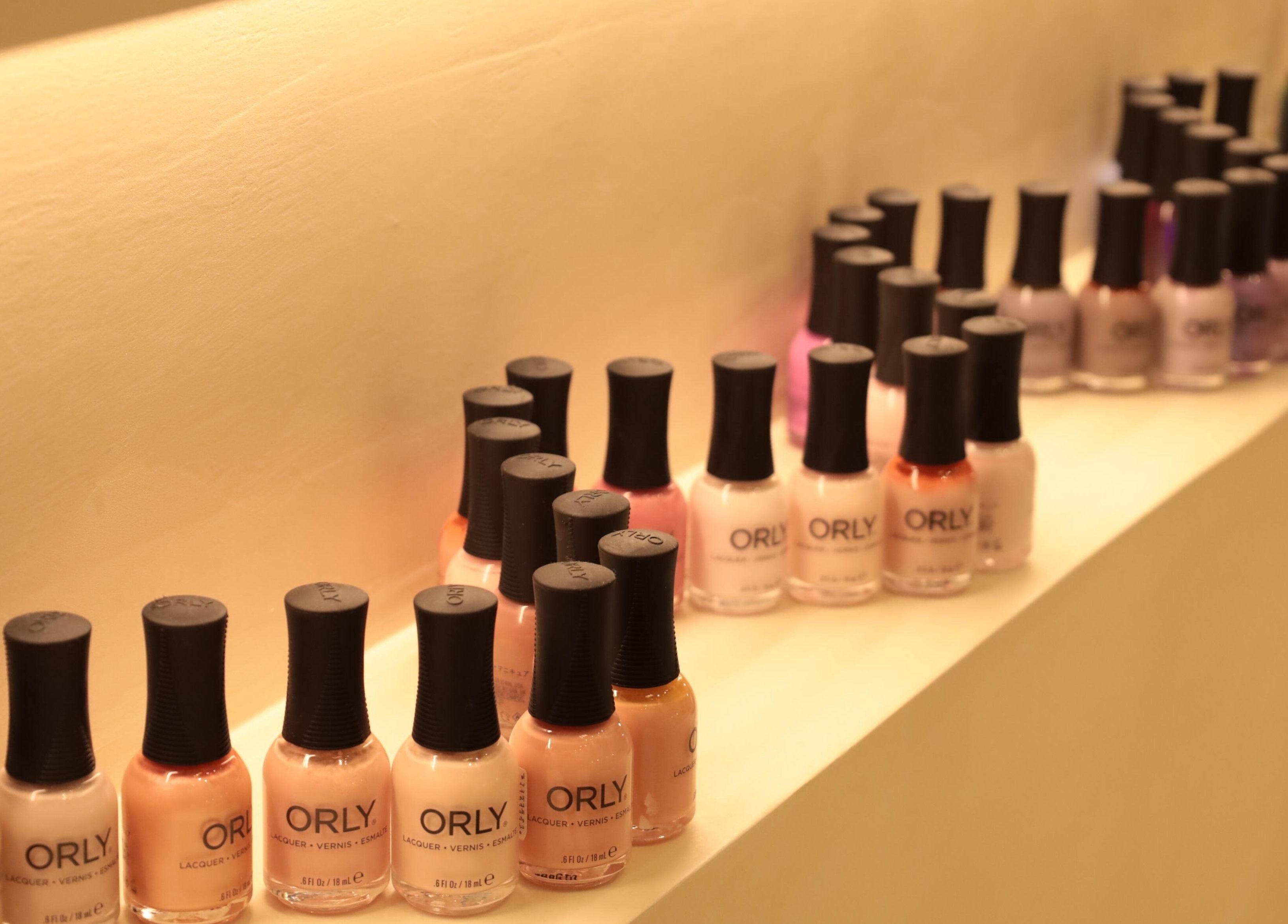 A variety of nail polish bottles displayed at Raya Spa in Riyadh, Riyadh Province, SA.