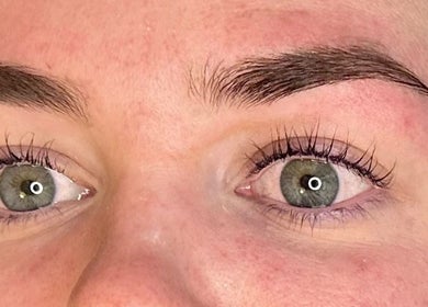 Close-up of beautifully shaped eyebrows and lashes at Suilean Beauty, Inverness, Scotland, GB.