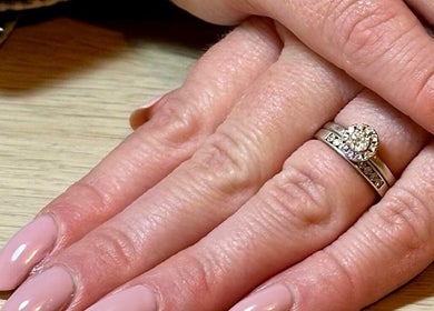 Beautiful pink manicure and diamond ring at Suilean Beauty, Inverness, Scotland, GB.