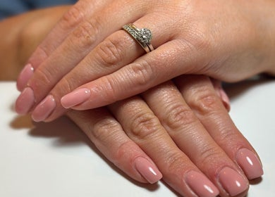Beautiful manicured nails with a ring at Suilean Beauty, Inverness, Scotland, GB.