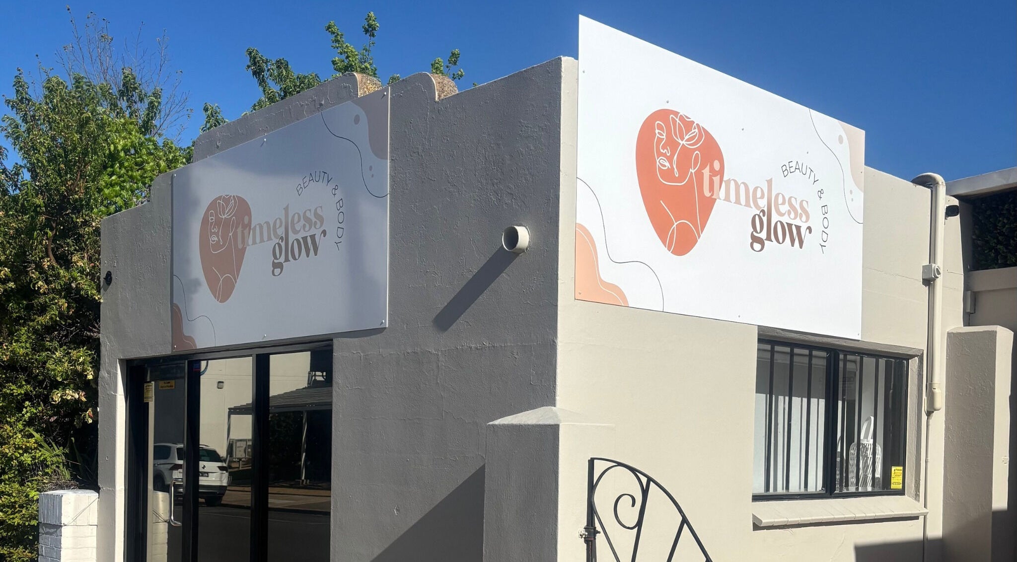 Front signage of Timeless Glow Beauty and Body in Shepparton, Victoria, AU, showcasing its modern exterior.