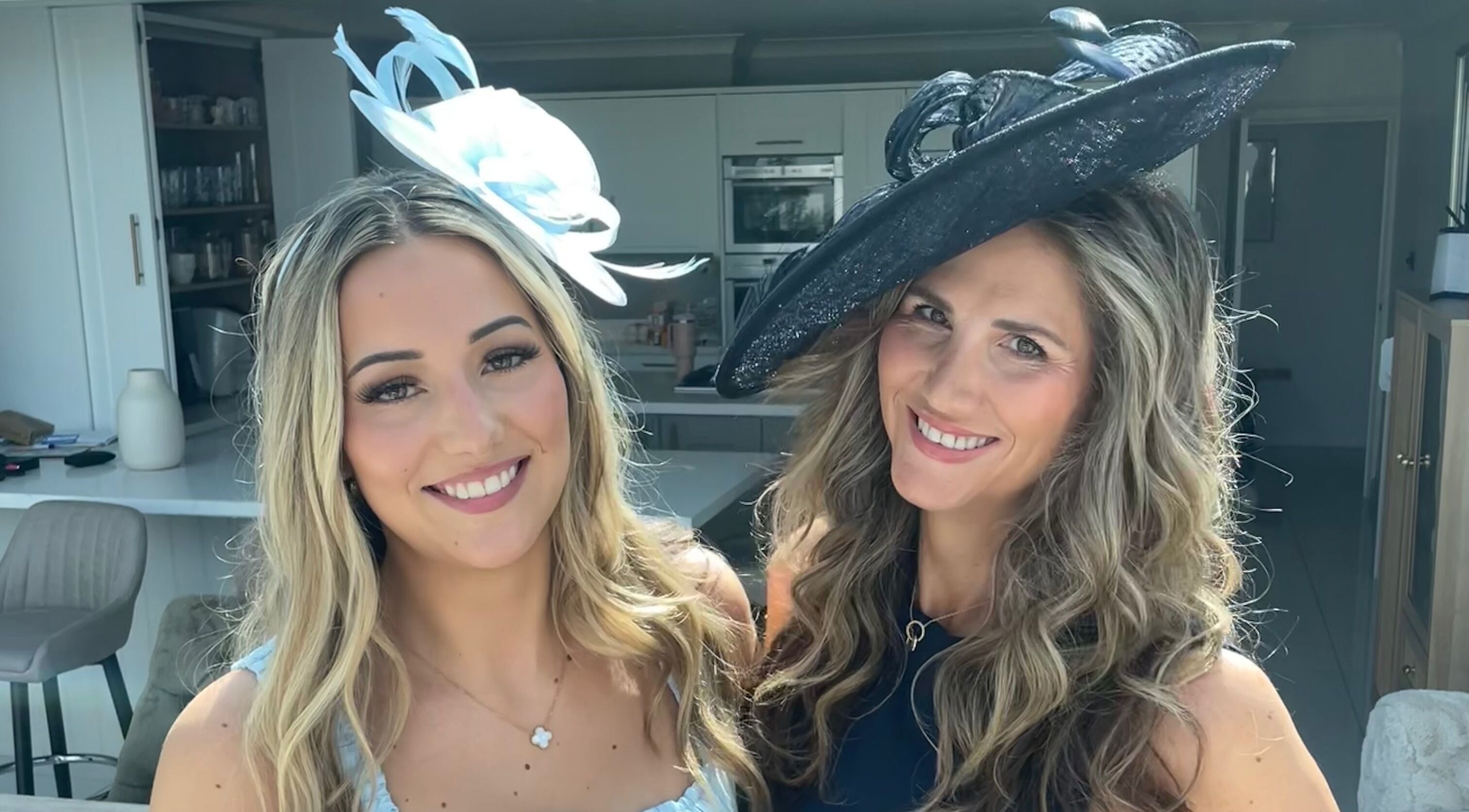 Two women in stylish hats at Lisa Critchley Makeup Artist, Abbots Langley, England, GB.