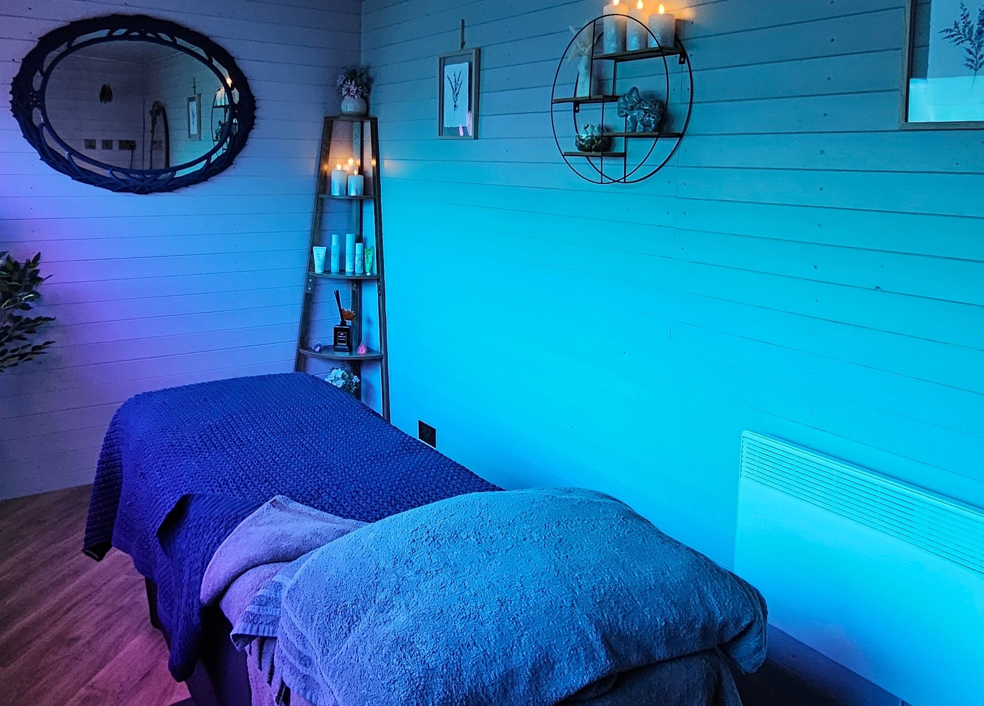 Tranquil massage room at Jem Stones Holistic Massage in Swindon, England, GB, featuring a calming ambiance.