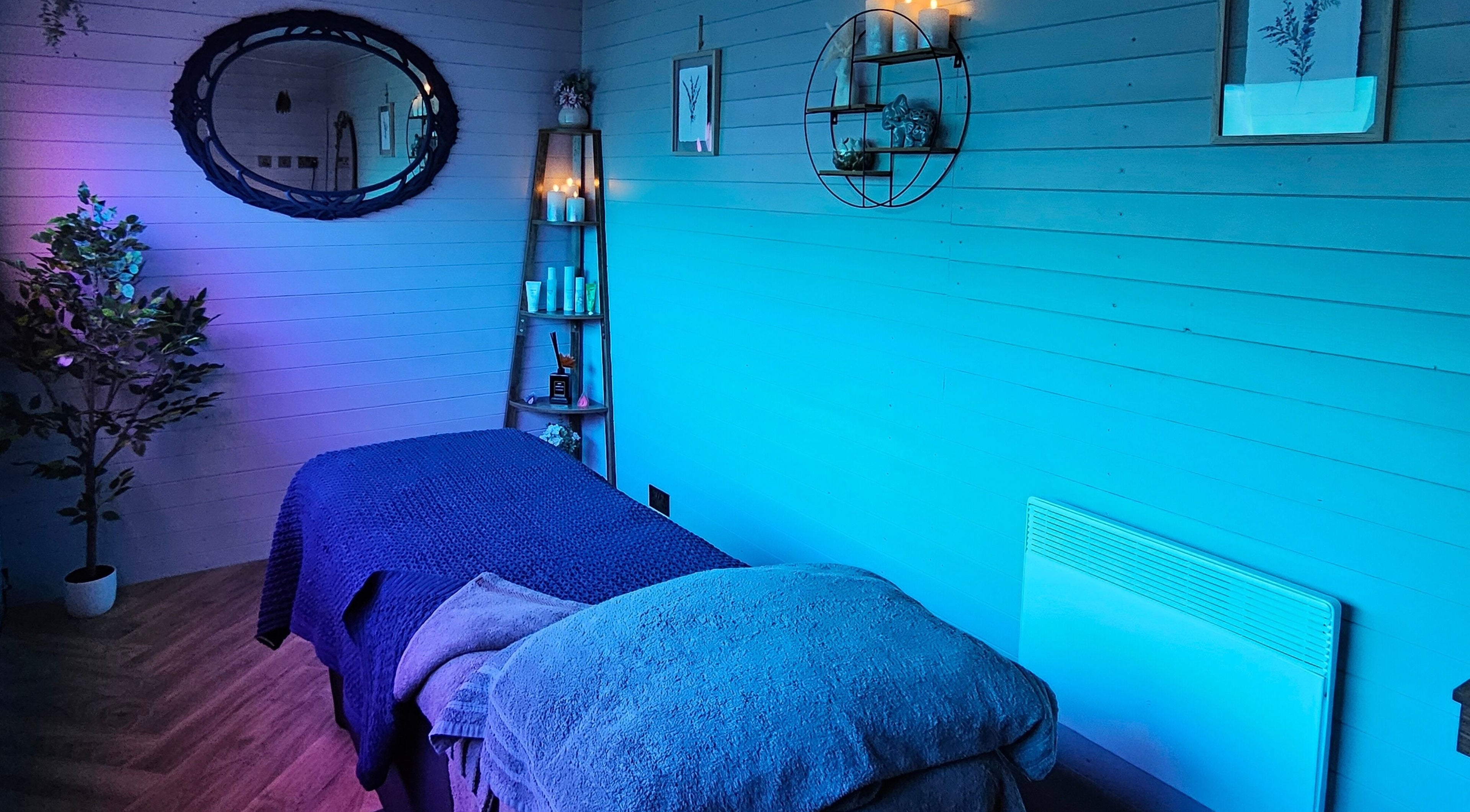 Tranquil massage room at Jem Stones Holistic Massage in Swindon, England, GB, featuring a calming ambiance.
