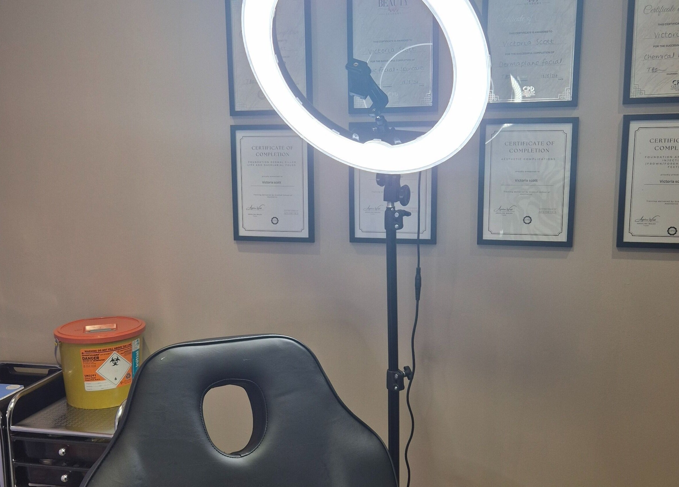 Professional setup with ring light and certificates at Aestheticly Pleasing By Vicki, Rutherglen, Scotland, GB.