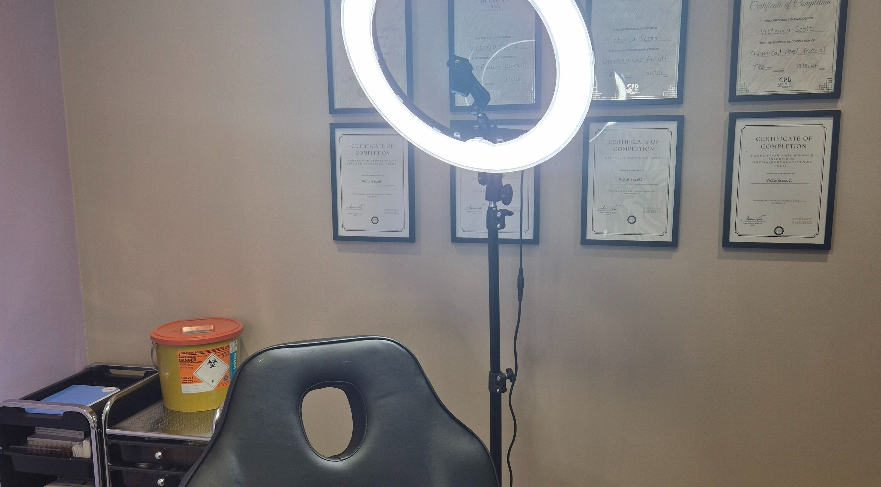Professional setup with ring light and certificates at Aestheticly Pleasing By Vicki, Rutherglen, Scotland, GB.