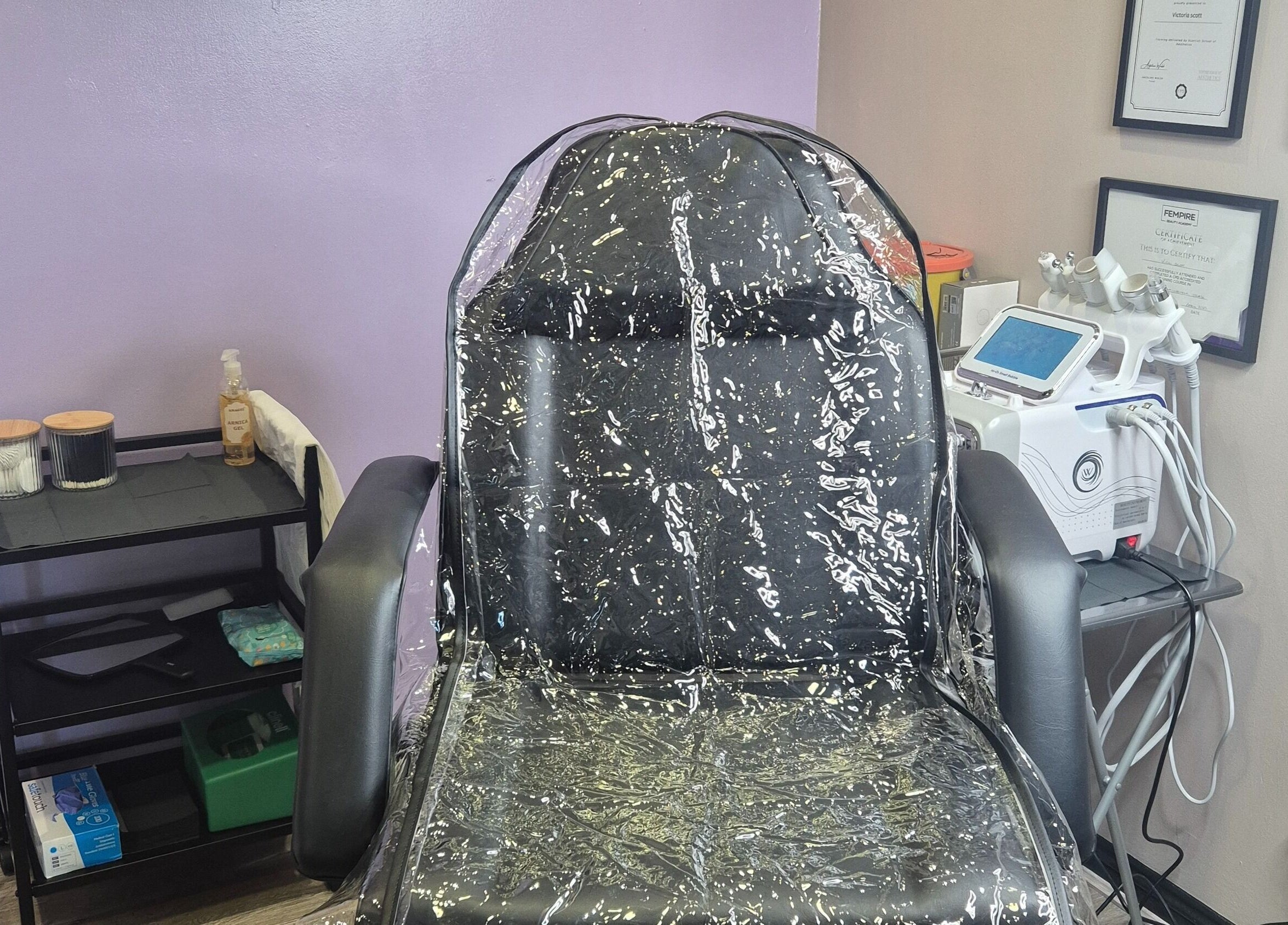 Relaxing treatment chair at Aestheticly Pleasing By Vicki in Rutherglen, Scotland, GB, ready for clients.