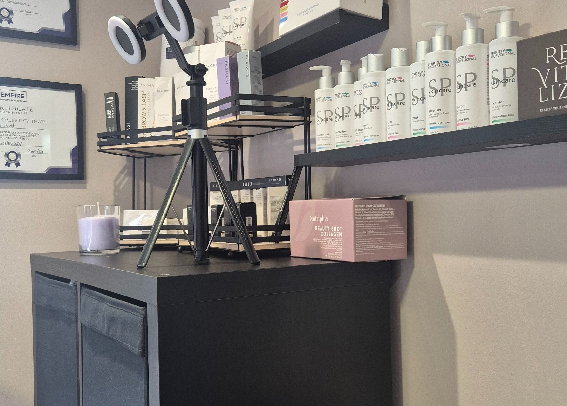 Beauty shelves at Aestheticly Pleasing By Vicki in Rutherglen, Scotland, GB showcasing skincare and cosmetics.