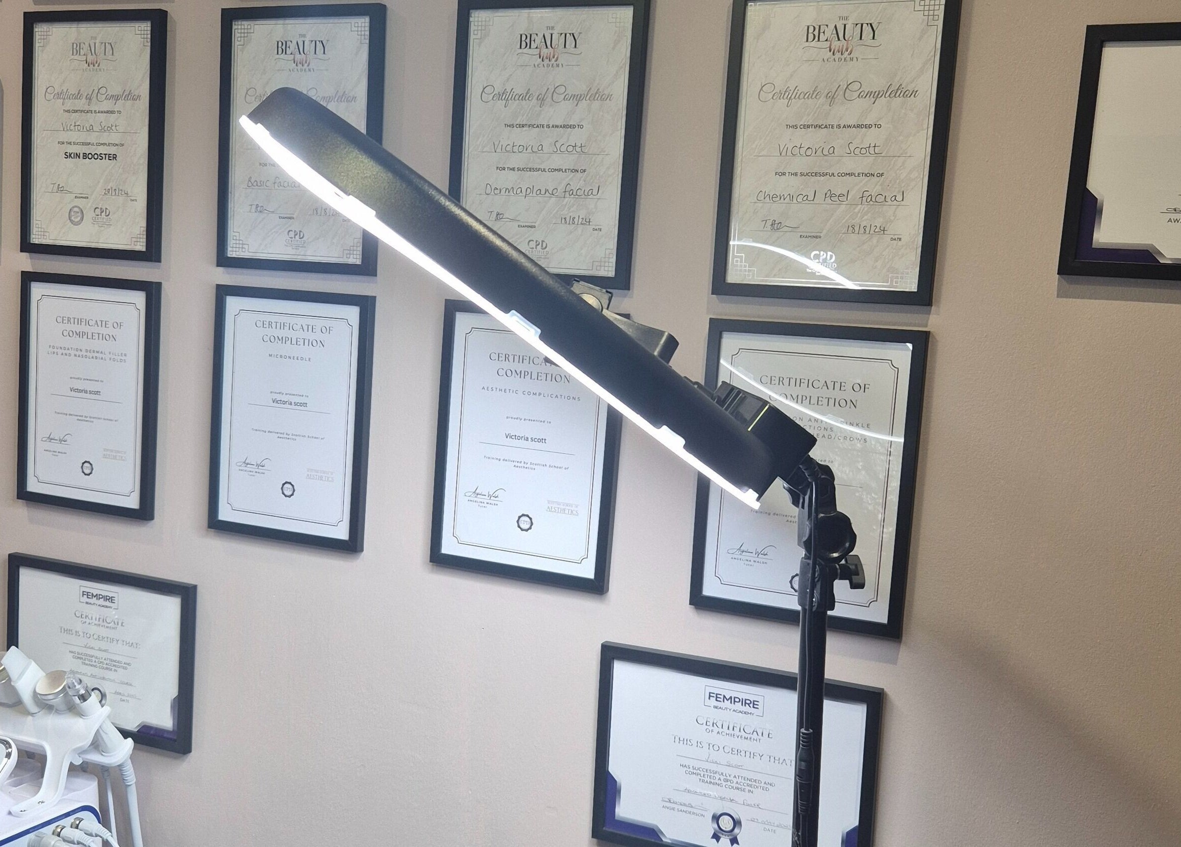 Certificates displayed at Aestheticly Pleasing By Vicki in Rutherglen, Scotland, GB showcase expertise.