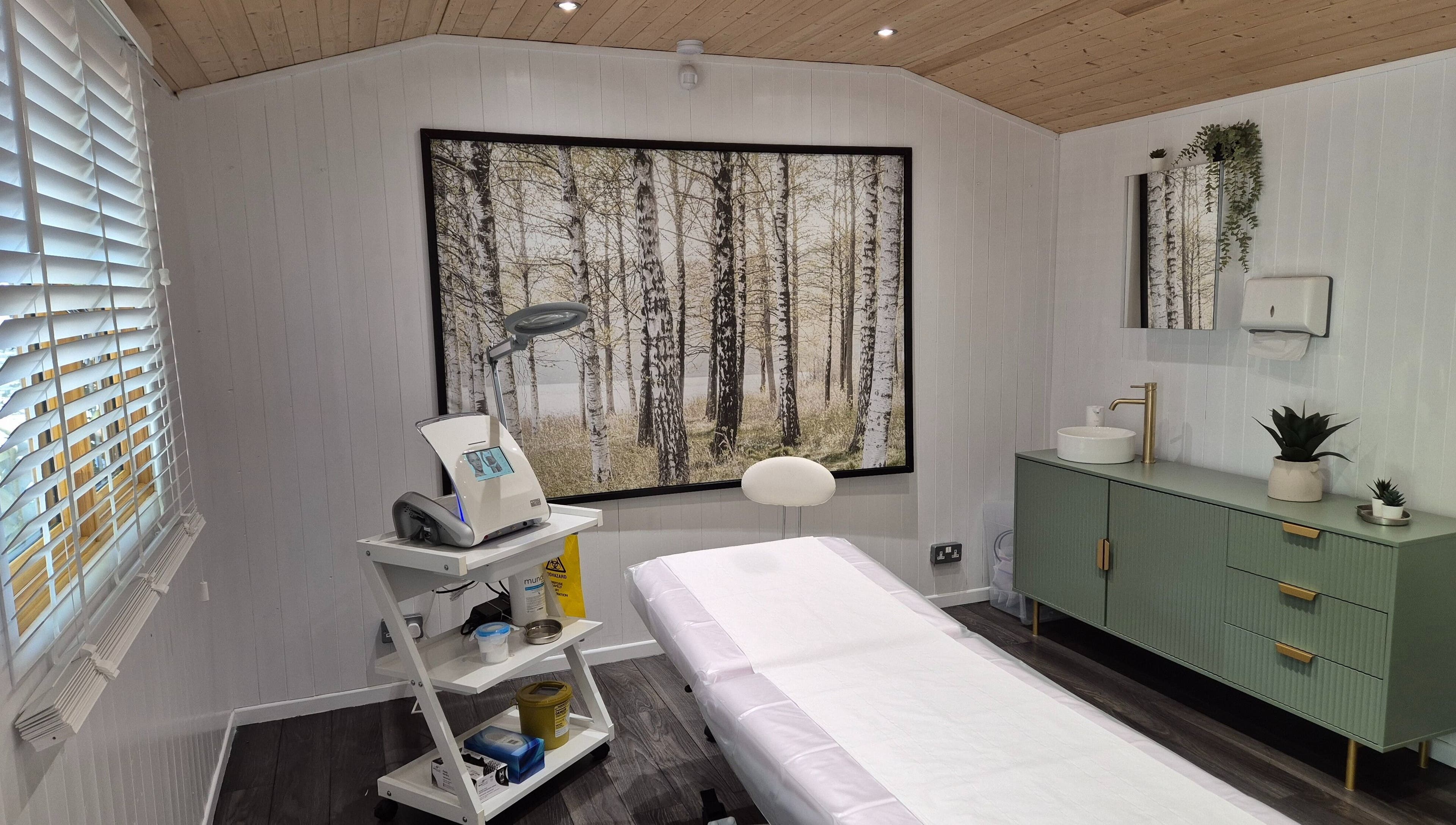 Sleek treatment room at ElectroGlow Studio, Well Hill, England with a tranquil forest mural.
