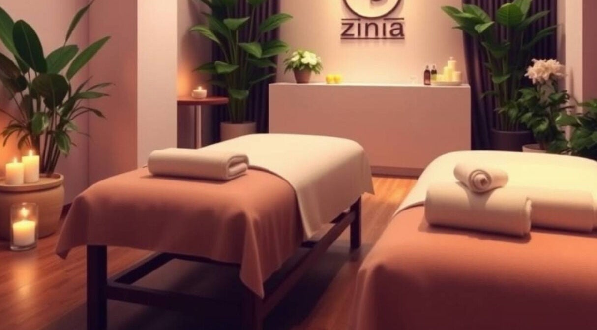 Relaxing massage room at Brisbane Zinia Massage in Brisbane City, Queensland, AU, with candles and plants.
