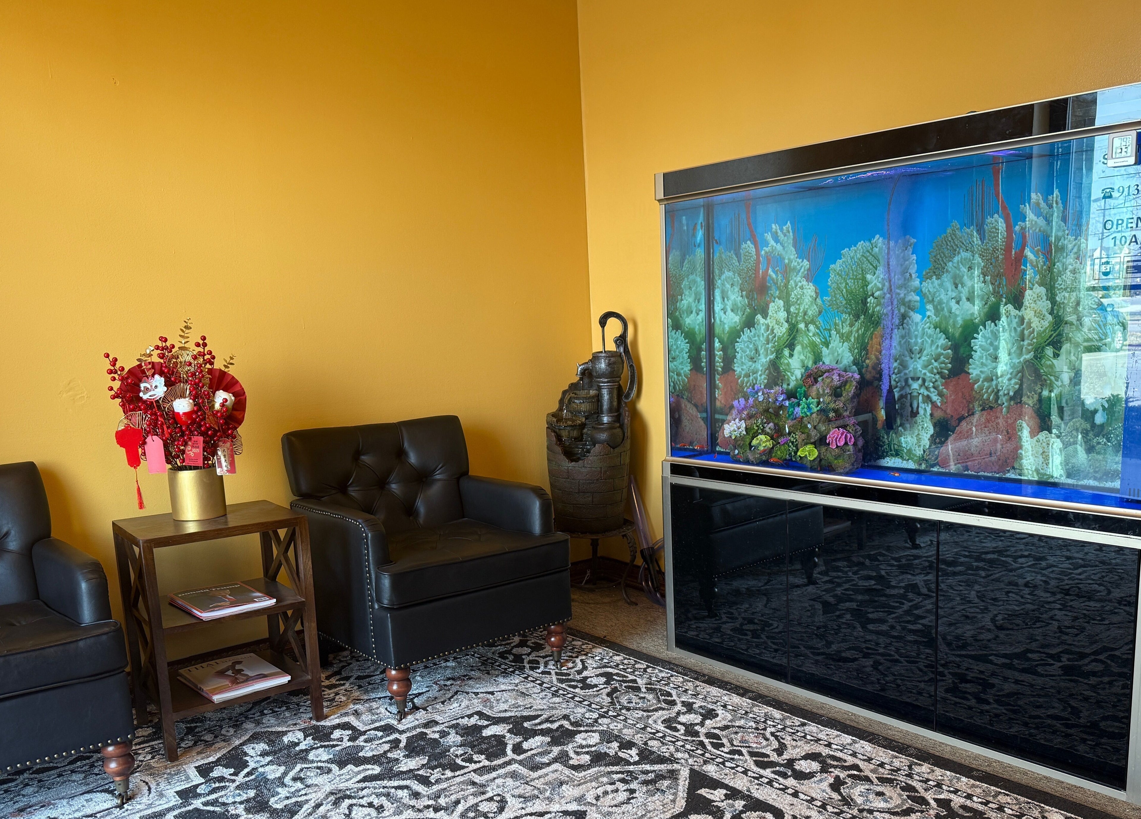 Cozy seating area with a vibrant aquarium at Spring Cq Spa, Overland Park, Kansas, US.