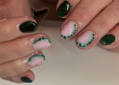 Green and pink nail art with gold at Glam By TAM, Stevenage, England, GB.