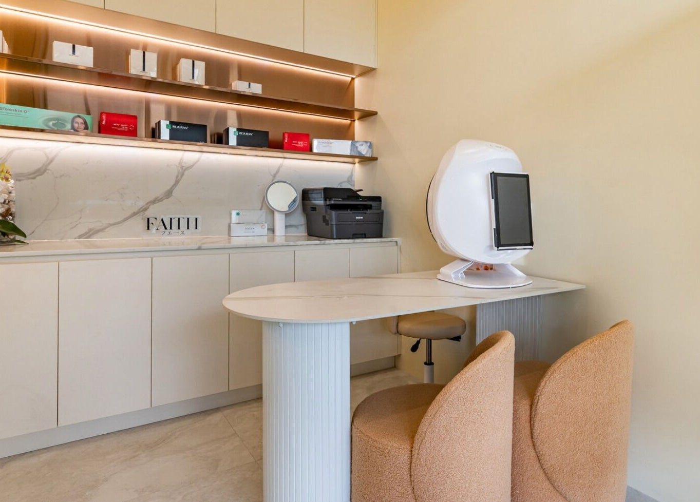 Modern beauty treatment area at Skin Glowing Zetland, Zetland, New South Wales, AU, showcasing sleek furnishings.