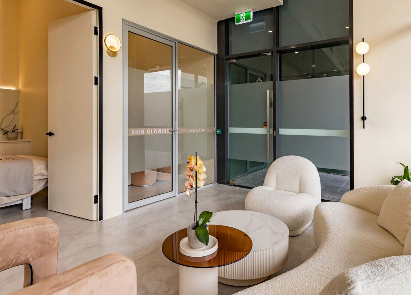 Modern, cozy interior of Skin Glowing Zetland in Zetland, New South Wales, AU with chic seating and decor.