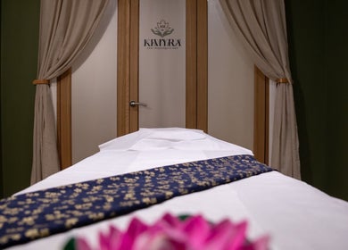 Relaxing massage room at Kimyra Thai Massage & Spa, Waltham Abbey, England, GB with elegant decor.