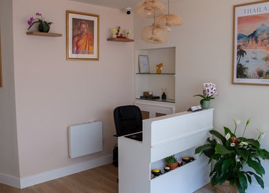 Reception at Kimyra Thai Massage & Spa in Waltham Abbey, England, GB, featuring Thai decor and plants.