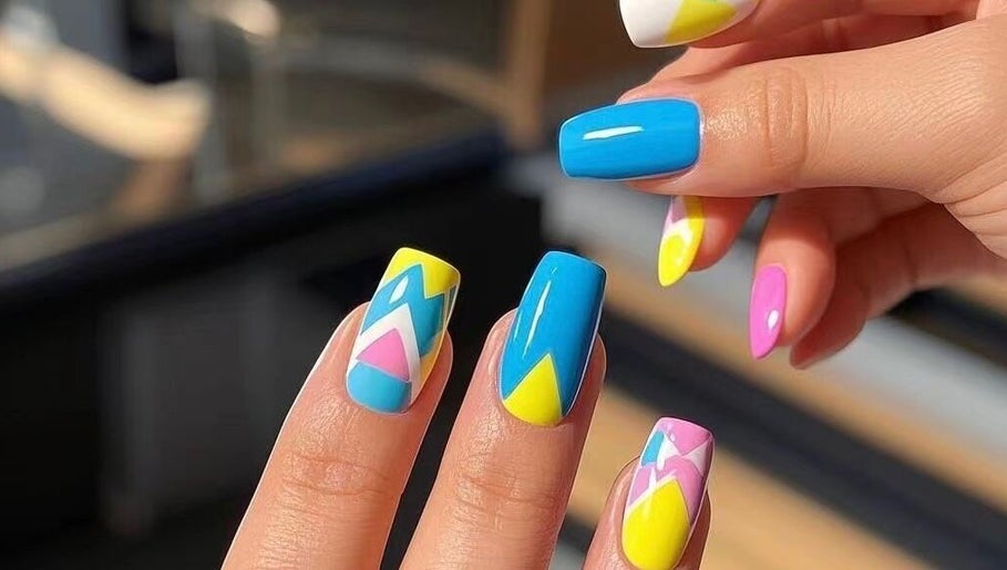 Colorful geometric nail art at My Beauty & Nails & Massage, Eynesbury, England, GB.