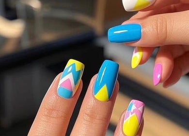 Colorful geometric nail art at My Beauty & Nails & Massage, Eynesbury, England, GB.
