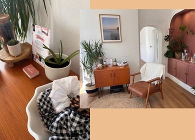 Cozy decor at Mantra, Leeds, England, GB, featuring plants, wooden furniture, and beauty products.